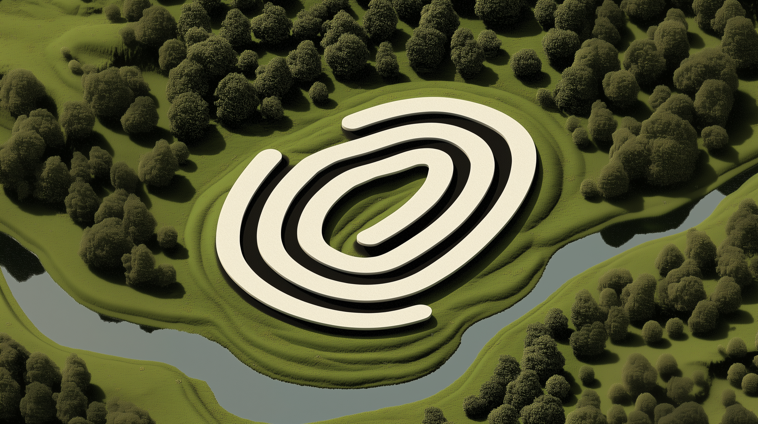 Aerial view of a vibrant green landscape with a prominent cream-colored abstract symbol representing connectivity and growth